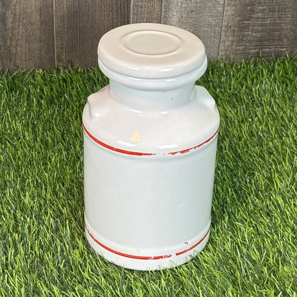 Vintage White‎ Ceramic Cream Canister Jar w Lid Red Lettering Farmhouse